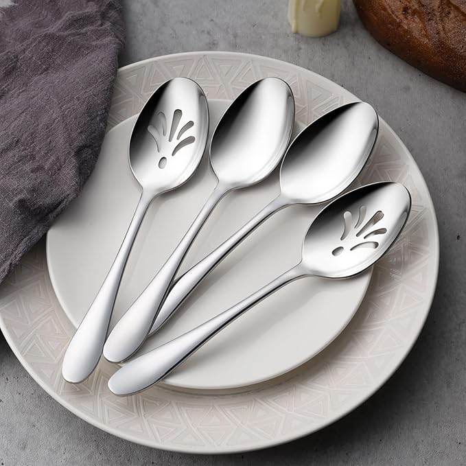 E-far 4-Piece Serving Set - Includes 2 Spoons and 2 Slotted Spoons, Stainless Steel Buffet Utensils for Catering Party Kitchen Restaurant - Mirror Polished, Dishwasher Safe, 8.5-Inch