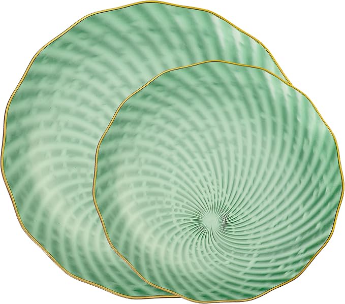 PLASTICPRO 30 Pack Plastic Plate Set of 15-10 inch Plates and 15-7 inch Plates, Elegant Clear Green Spiral and Gold Rim Disposable Fancy Plate Premium Heavyweight