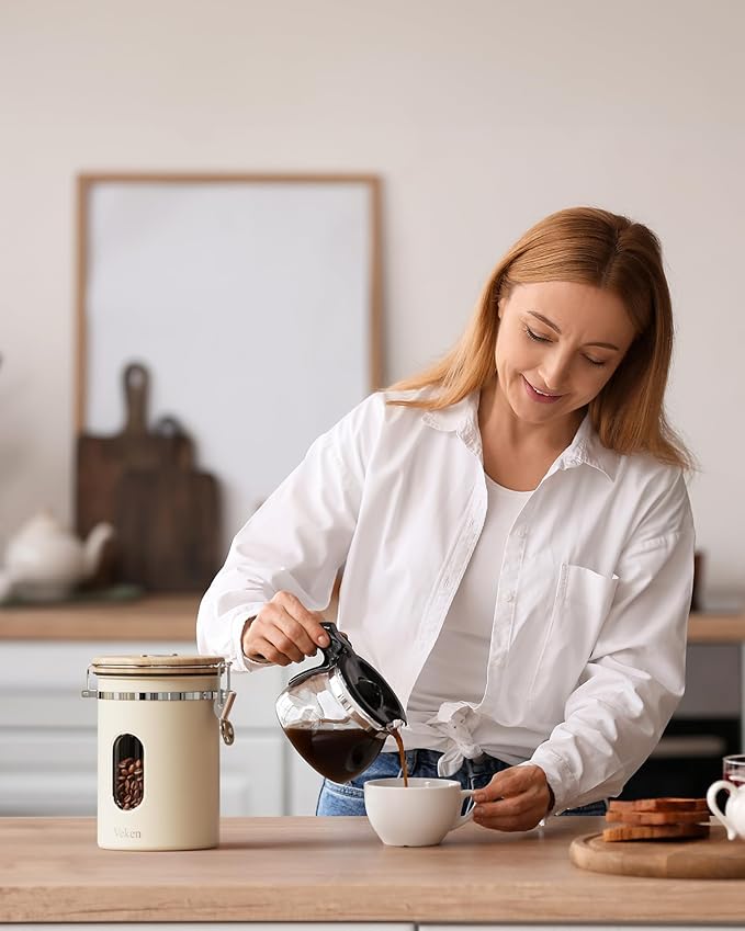 Veken Coffee Canister with Window, Airtight Stainless Steel Container, 22OZ
