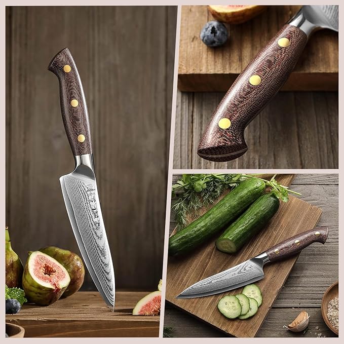 HEZHEN 5.3'' Utility Knife with Sheath – 67 Layers Damascus Steel, Kitchen Petty Knife for Trimming, Peeling & Slicing, Ergonomic Micarta Handle