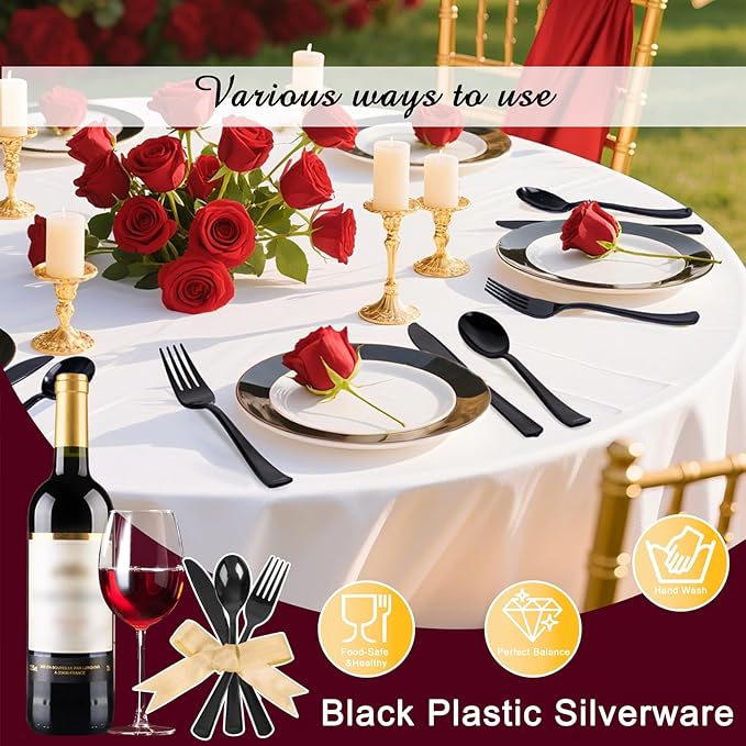 Supernal 300pcs Black Plastic Silverware, Disposable Cutlery Set