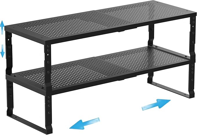 Wobmmi Expandable Spice Rack Kitchen Cabinet Shelf Organizer, Stackable Storage Shelves Racks, Adjustable Counter Shelving for Cabinets, Countertop, Cupboard,Pantry and More(2Packs/Black/Large)