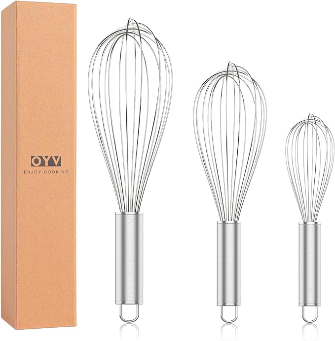 OYV 304 Stainless Steel Whisk Set, Dishwasher Safe Rustproof Metal Whisk, Professional Balloon Wire Whisks for Kitchen Cooking, Perfect For Blending, Whisking, Baking, Beating, 3 Packs (8" 10" 12")