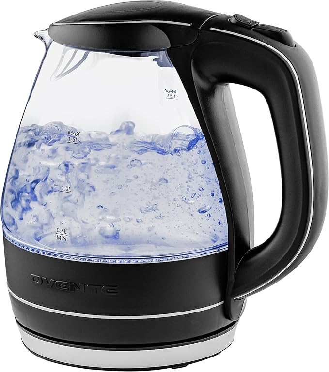 OVENTE 1.5L Glass Electric Kettle Water Boiler, Black KG83B