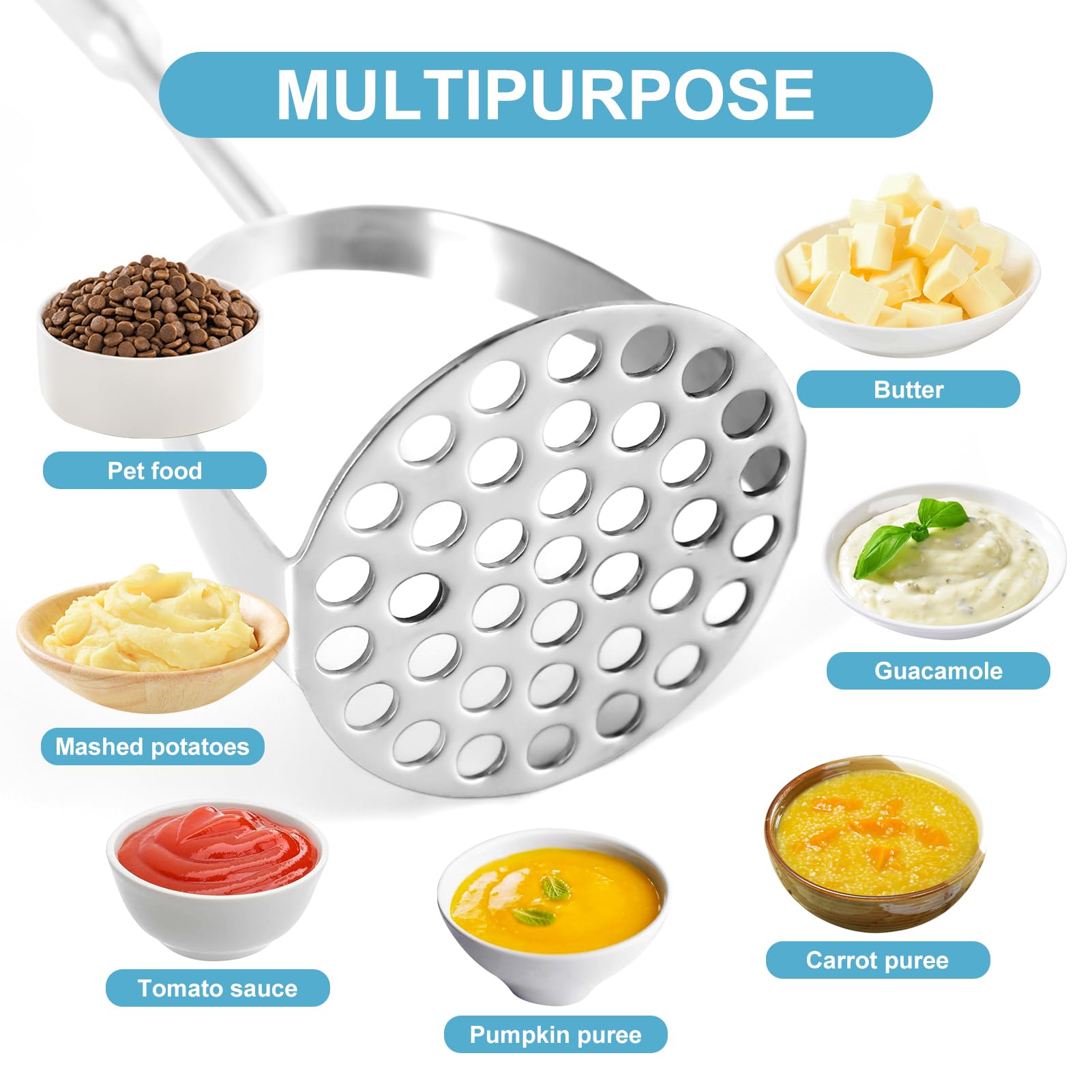 Potato Masher Stainless Steel - Mashed Potato Masher Kitchen Tool，Potato Smasher for Avocado, Tomato, Fruit & Vegetables, Pet Food, Heavy Duty Metal Bean Masher Utensil, Dishwasher Safe, 12.5-Inch