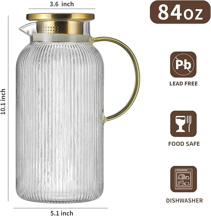 Buaic 2 PACK Glass Pitcher with Lid, 84 oz/ 2.5 Liter Glass Water Carafe