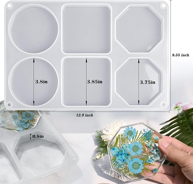 Actvty Resin Coaster Molds, Coaster Silicone Molds for Resin Casting, 6-Cavity of Round Square Octagon Large Coasters Molds DIY Custom Coasters Resins Craft Gifts Home Decor