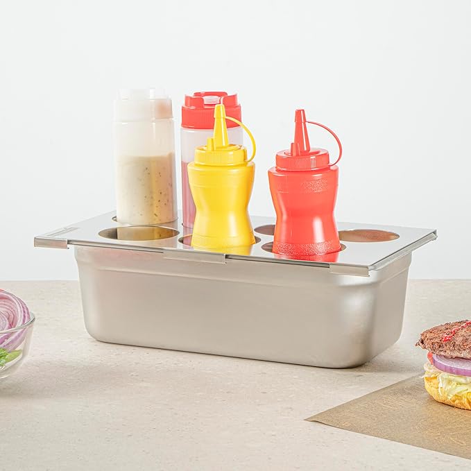 Restaurantware Squeeze Bottle Holder - 1 Count 12.795 x 7.087 x 0.394 Inches Stainless Steel Condiment Organizer - Durable Seven-Hole Pan Top Holder - Silver