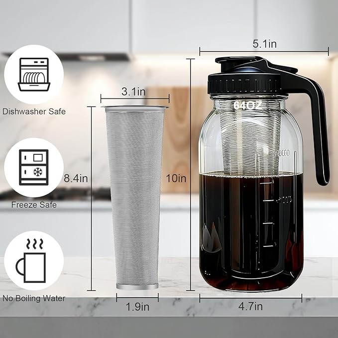 Cold Brew Coffee Maker, 64oz Glass Mason Jar Pitcher with Lid, Filter & Mat