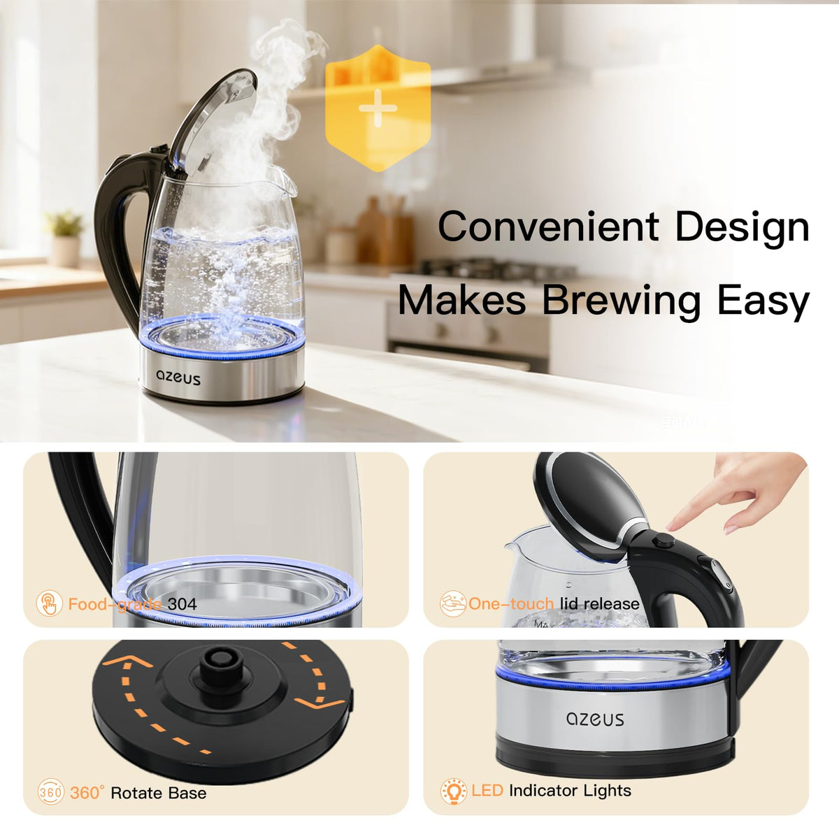 AZEUS Electric Kettle 1500W Tea Kettle, 1.8L Large Capacity with Auto Shut-Off and Boil-Dry Protection, BPA-Free