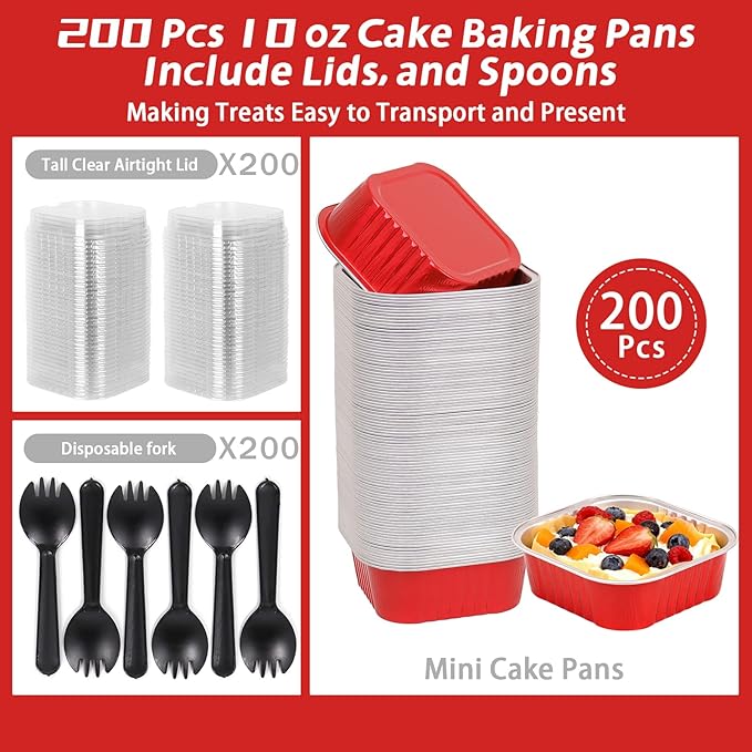 200 Pack 10 oz Square Mini Cake Pans with Lids, Disposable Aluminum Foil Baking Cups for Brownies, Cupcakes, Cheesecake & Catering (Red)