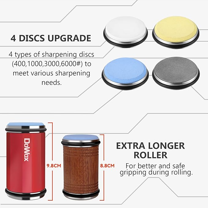 DOWOX Longer Rolling Knife Sharpener with Leather Strop, Upgraded Rolling Knife Sharpening with 4 Degree Angle and 4PCS Replaceable Honing Discs, Easy to Sharpen Ktichen Knives, Red, DW-RS2-Red
