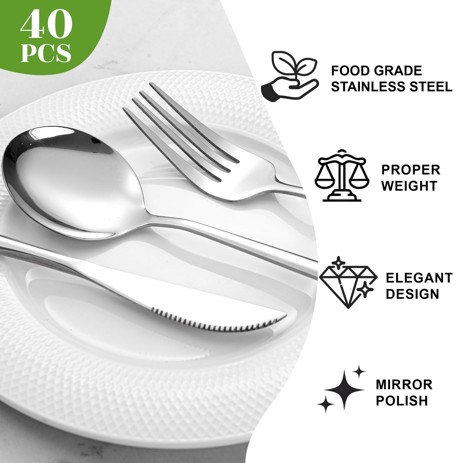 NOCCUR 40-Piece Stainless Steel Silverware Set for 8 - Utensils Set Include Knives Spoons and Forks - Mirror Polished for Home&Party