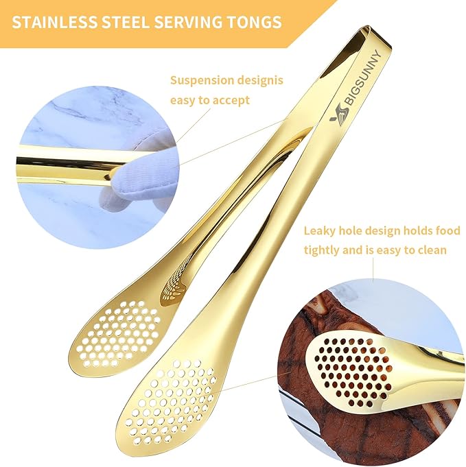 MSY BIGSUNNY Stainless Steel Buffet Tongs - 11" Kitchen Food Tong for Cooking and Serving, Set of 2, Gold