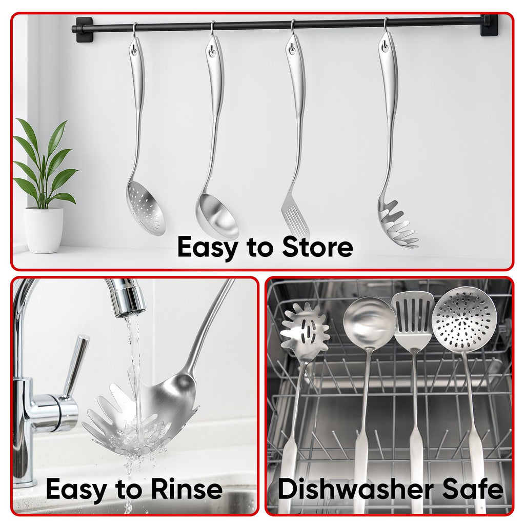 Newness 4 Pcs Cooking Utensils Set, 304 Stainless Steel Kitchen Utensils Set, Metal Kitchen Accessories, Include Soup Ladle, Slotted Skimmer Spoon, Spaghetti Spoon and Spatula, Dishwasher Safe