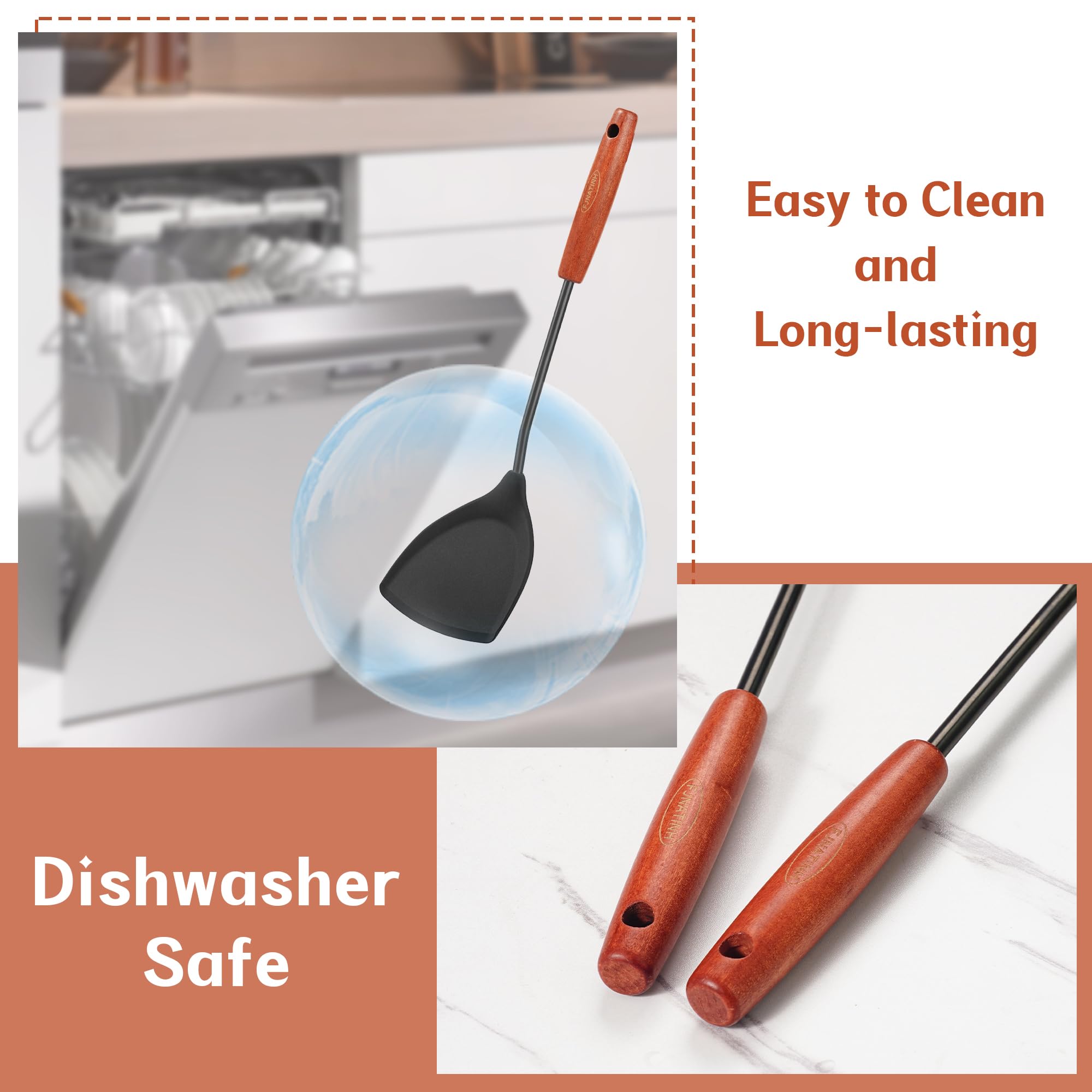 FJNATINH Wok Tools, Wok Utensil,Wok Spatula,Ladle,Skimmer Tool Set,Non Stick Heat-Resistant Silicone Cooking Utensils BPA Free Kitchen Utensils Cookware, Pack of 3,Black