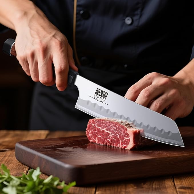 SHAN ZU 7 Inch Japanese Santoku Knife, 9 Layers 10Cr15MoV High Carbon Steel