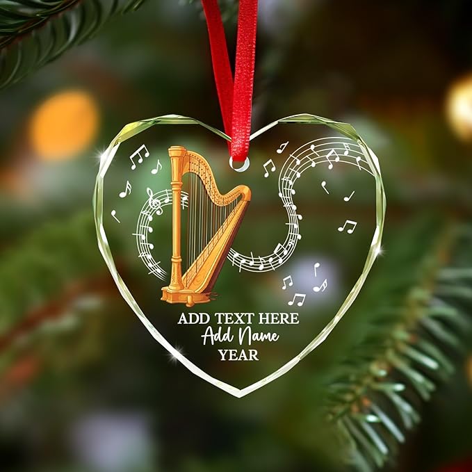 Personalized Text Name Year Harpist Christmas Ornament, Customized Harp Music Instrument Glass Ornaments, 2026 Xmas Ornament Gift for Teacher Student Harp Player, Musician Xmas Decorations