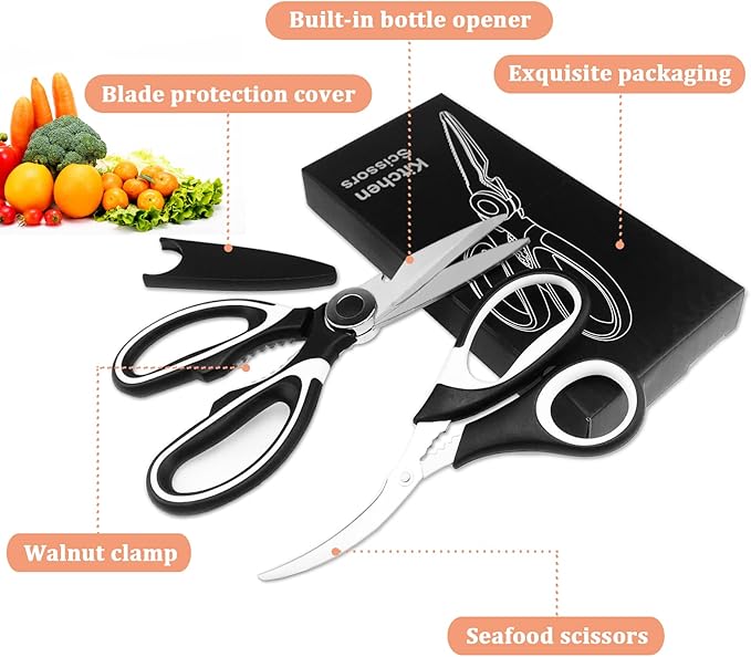 Kitchen Shears 2 Pack Heavy Duty Scissors for Food Poultry Meat Vegetables Fish, Multi‑Purpose Stainless Steel Kitchen Scissors with Seafood Shears, Bottle Opener & Nut Cracker