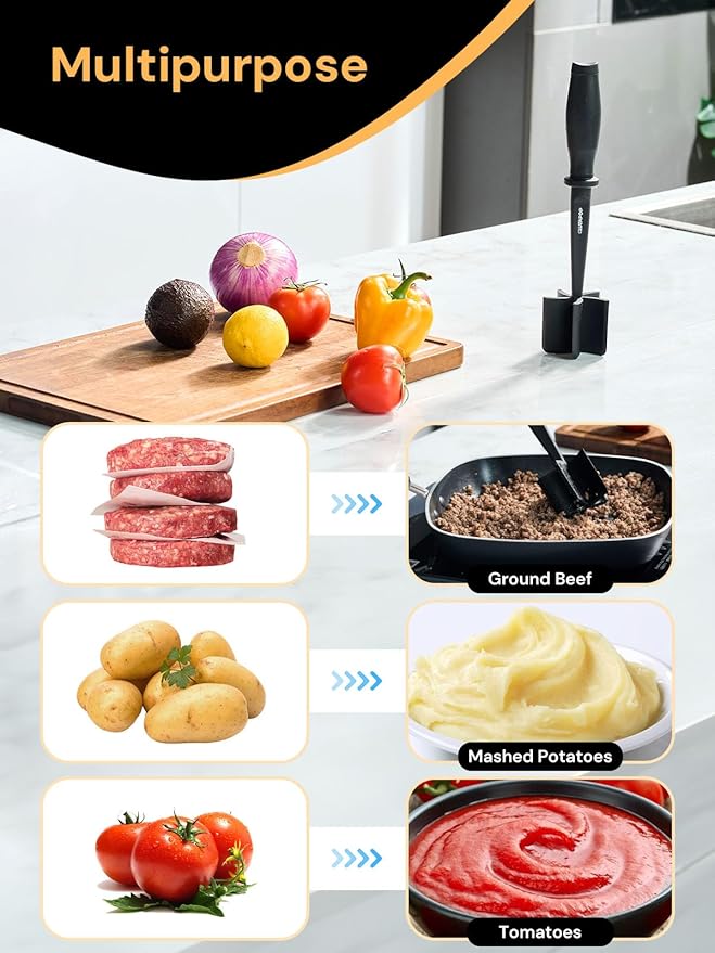 Meat Chopper, Hamburger Grinder, Premium Heat Resistant Smasher for Ground Beef, Burger Grinder Nylon Potato Mix Tool, Meat & Poultry Tenderizers (Black)