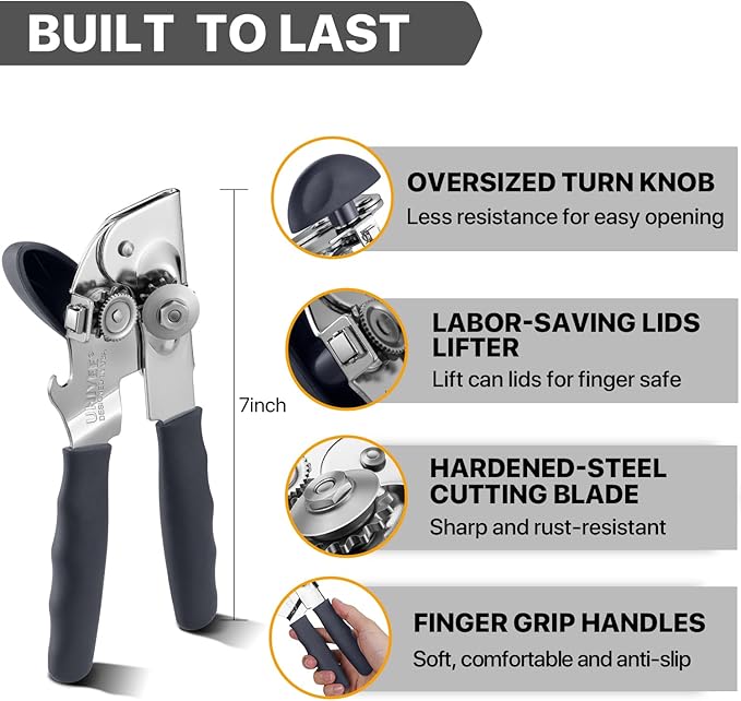 UHIYEE Heavy Duty Hand Can Opener with Comfortable Grip for Seniors, Gray