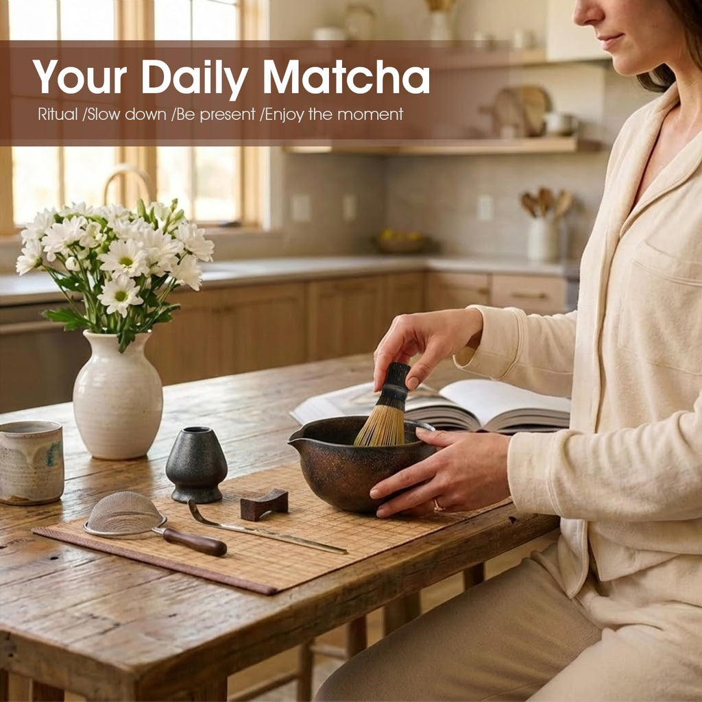 GleeNflux Matcha Set, 7-Piece Matcha Whisk Set with Bowl & 100-Prong Whisk