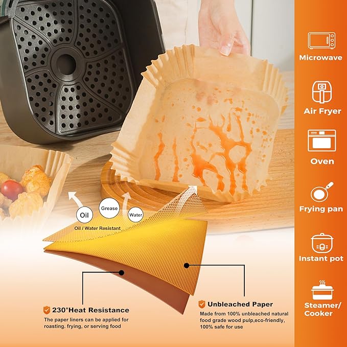 250 Pcs 6.5" Square Air Fryer Liners Disposable for 3-5QT, Airfryer Paper