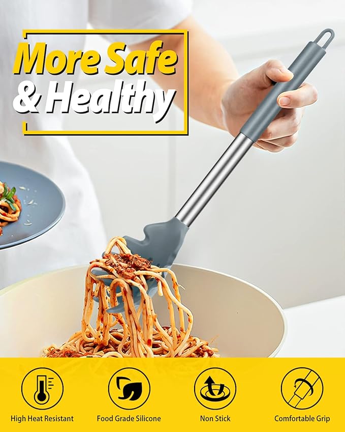 BUNDLEPRO Silicone Pasta Fork and Ladle Spoon Set, 2 Pack, Gray