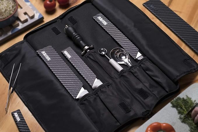 Asaya Chef Knife Roll Bag - 12-Pocket Chefs Case for Kitchen Knives and Utensils, Lightweight Stain-Resistant Waxed Nylon Chef Knife Bag - Knives Not Included (Brown)