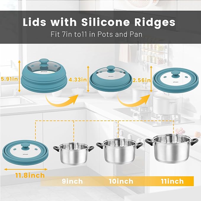 Microwave Splatter Cover, Vented Silicone & Glass Anti-Splatter Lid with Handle, Collapsible Food Plate Cover Fits 6–11 Inch Plates and Bowls (Blue, 11.8inch)