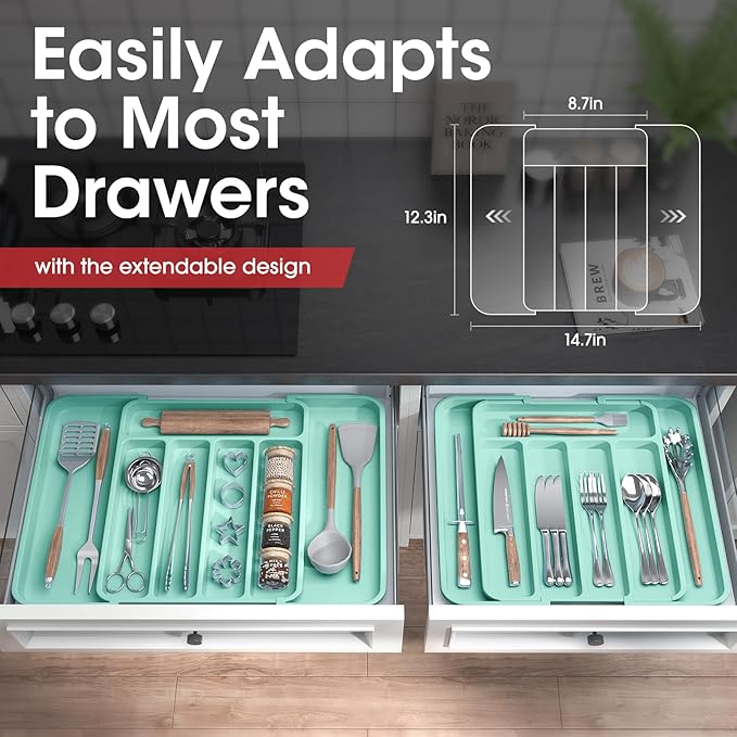 Aujen Silverware Drawer Organizer, Adjustable Utensil Cutlery Tray