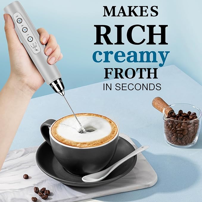 Milk Frother Wand Rechargeable Handheld Whisk Coffee 3 Speed Adjustable