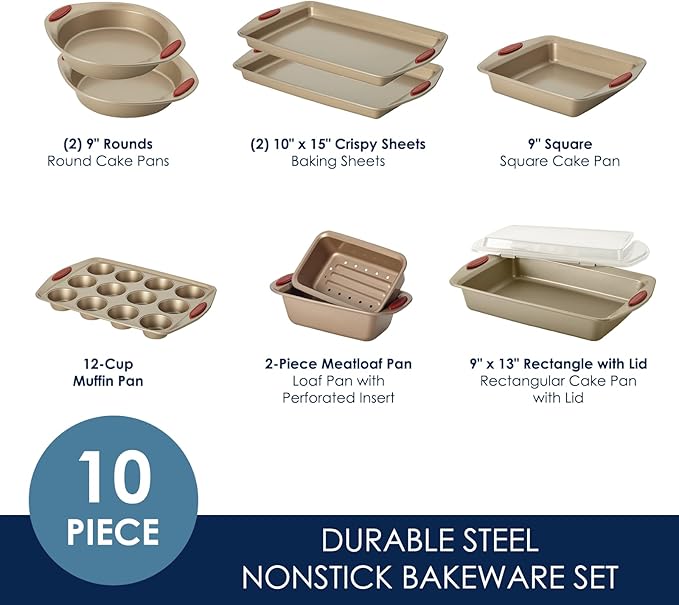 Rachael Ray Cucina Nonstick Bakeware Baking Pans Set, Latte Brown and Cranberry Red, Baking Dishes, 10-Piece