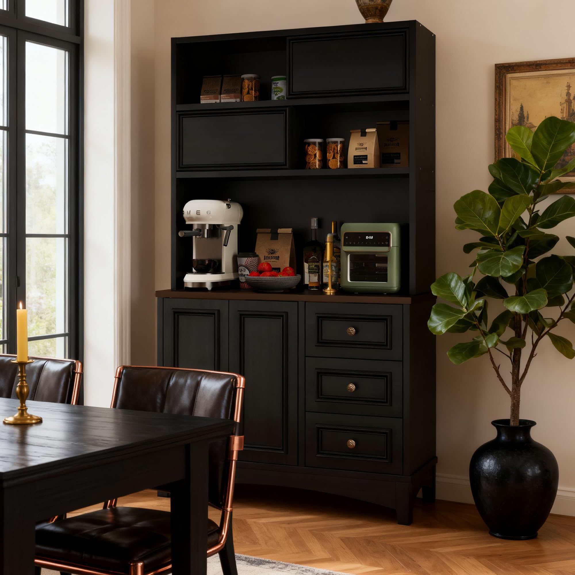 BOSHIRO 71" Black Pantry Cabinet with Charging Station, 4-Type Storage & Anti-Tip Design, Kitchen Cabinet with Sliding Door/Adjustable Shelves