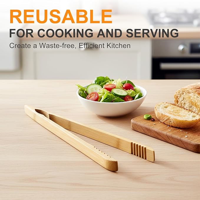 LKNNEASTO 2 Pack Premium Bamboo Toaster Tongs, 10 Inches Natural Wooden Tongs with Serrated Tips for a Secure Grip on Toast, Bagels, Pastries, and Salads, Reusable for Cooking & Serving