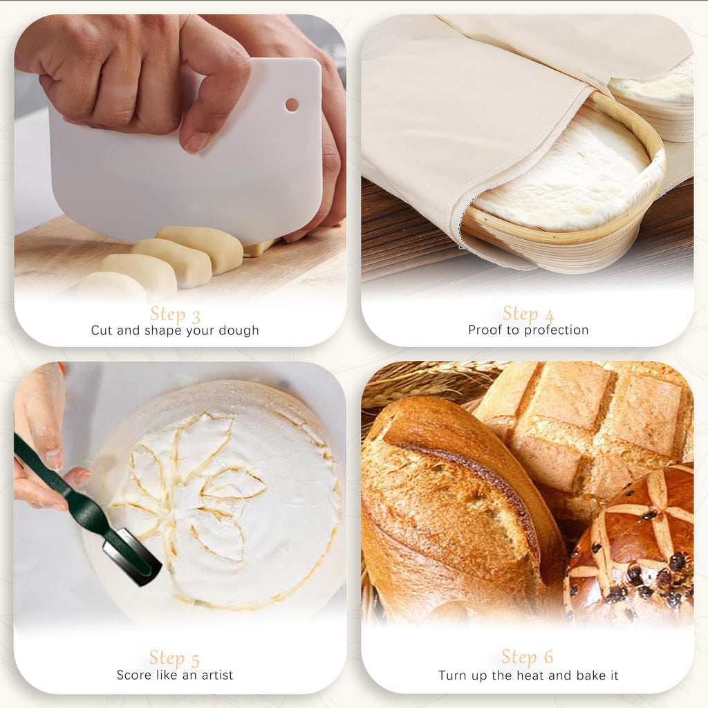 Fubiu Natural Unbleached Banneton, Sourdough Bread Proofing Basket Kit, 2x 10 Inch Oval Basket with BreadMaking Baking Supplies Tools, Banneton Basket Gift Set - Primary Color