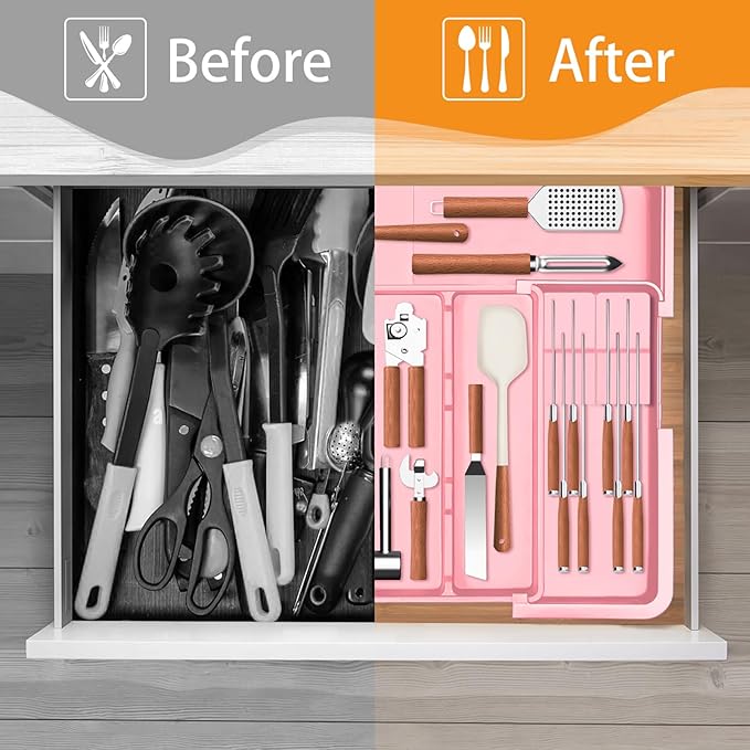 Homecor Utensil Drawer Organizer for Kitchen, Expandable Silverware Organizer Cooking Utensils Tray, Large Cutlery and Flatware Holder, Kitchen Tools & Gadgets Storage (Pink)