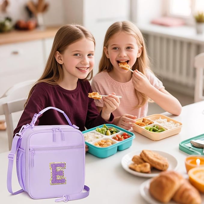CLOUDWINGS Initial Insulated Lunch Bag for Girls Kids, Back to School Gift, Reusable Leak-proof Lunch Box with Adjustable Strap for School Daycare Travel Picnic (Purple,E)
