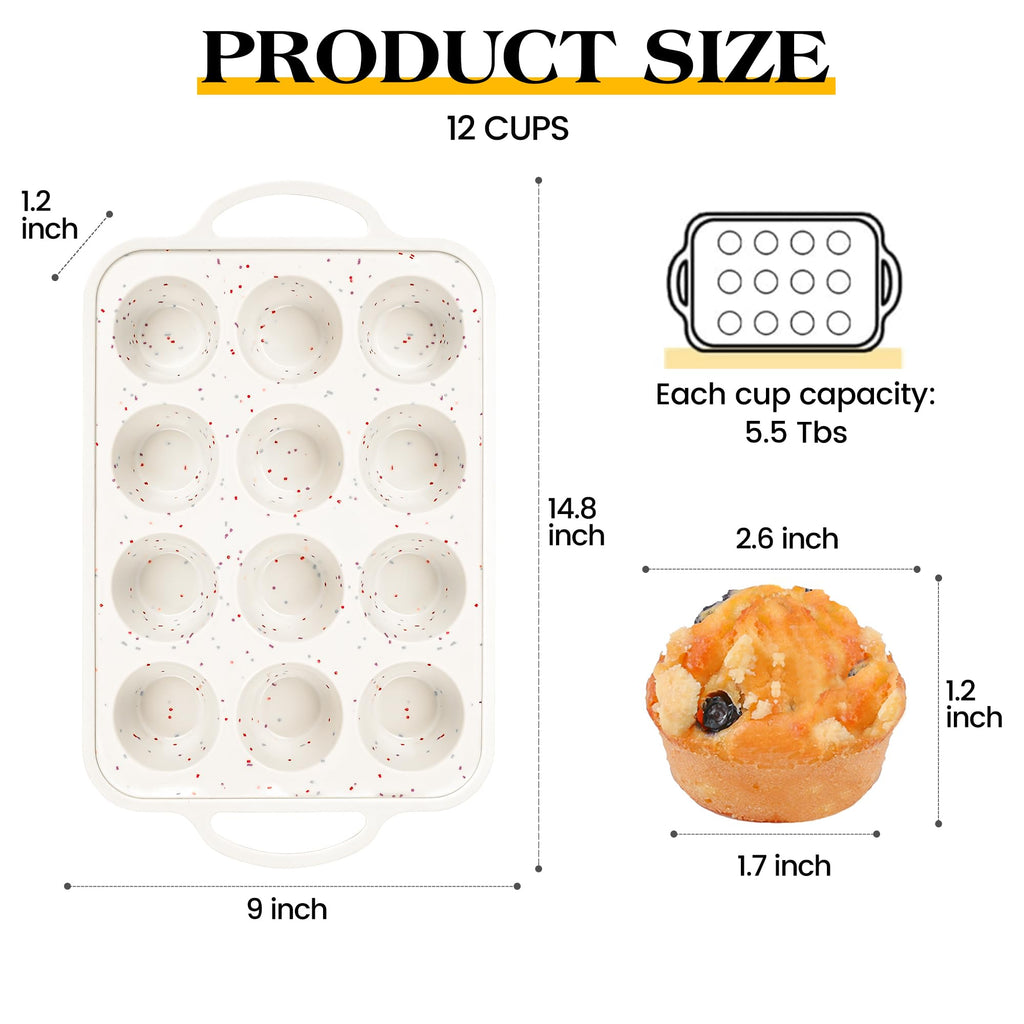 AOTASO Silicone Muffin Pan with Metal Frame, Nonstick 12 Cup Regular Size Cupcake Pan, Silicone Muffin Tray for Baking Egg Bites Muffins Cupcakes Gifts for Mom Home Baker Kitchen (1 Pc, Cream)
