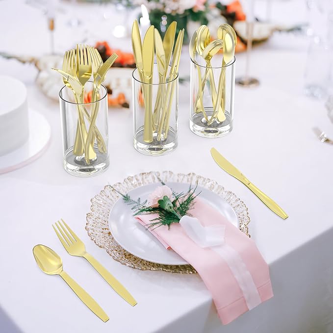 Dealusy 300 Count Extra Heavy Duty Gold Plastic Silverware, 100 Forks, 100 Spoons, 100 Knives, BPA-Free, Heat Resistant, Disposable Plastic Utensils Set, Plastic Cutlery Set, Plasticware Bulk