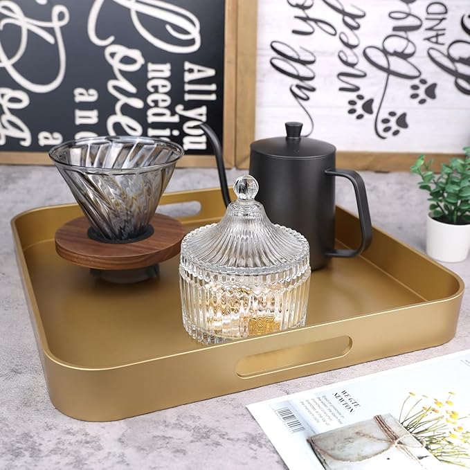 SforGUVA Square Gold Decorative Serving Tray with Handles, Versatile Ottoman Tray for Coffee Table, Entertaining, Outdoor Patio, Living Room, 13”*13”*1.6”
