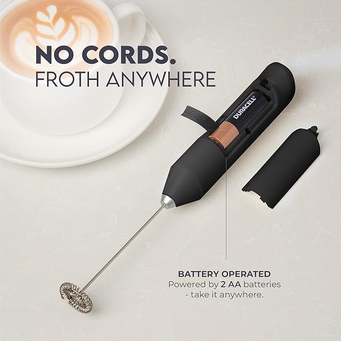 Zulay Kitchen Powerful Milk Frother Wand - Handheld Stainless Steel - Battery Operated Drink Mixer for Coffee, Lattes, Cappuccino, Matcha - Froth Mate Frother Gift - Midnight Black