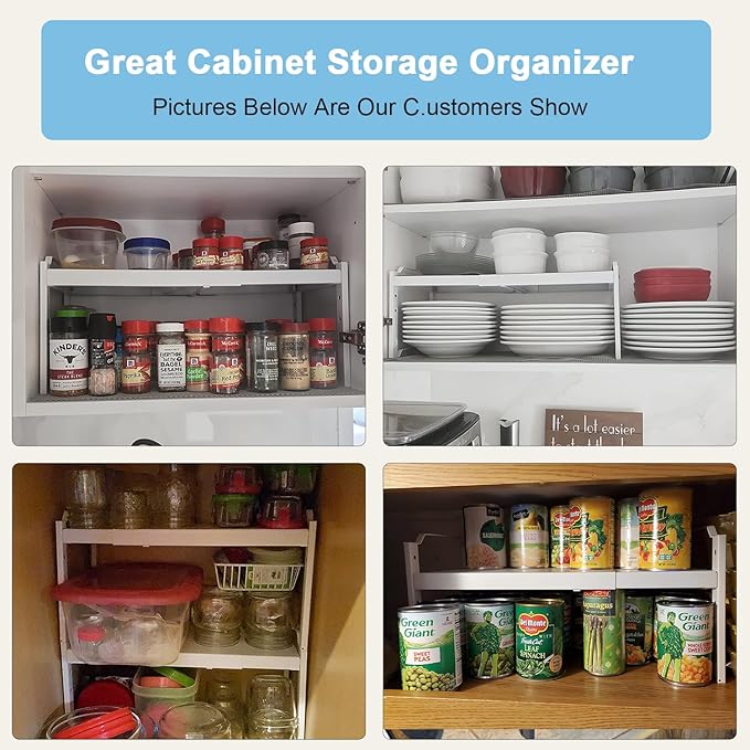 4 Pack Kitchen Cabinet Shelves Organizers, Kitchen Counter Storage Shelf Spice Rack, Expandable Length, Adjustable Height, Stackable, Sturdy 30LBS Bearing, Small Cupboard Tabletop Organizer Shelf Rack