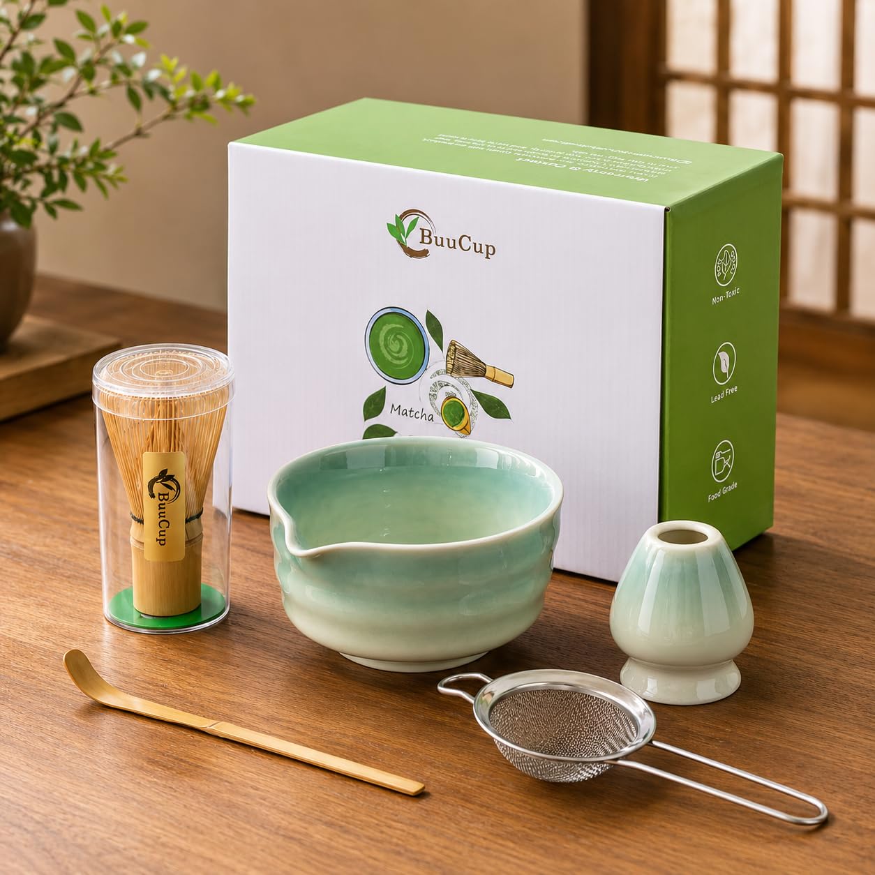 Buucup Japanese Matcha Set with Ceramic Bowl, Whisk & Bamboo Scoop
