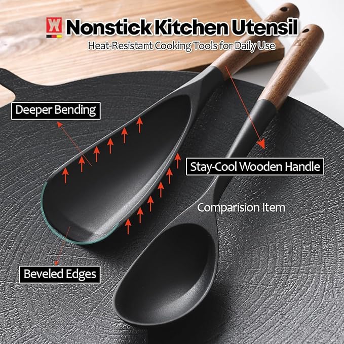 WAGENSTEIGER Silicone Long Head Cooking & Serving Spoon with Wooden Handles: Multi-Functional Design, Silicone Rounded Spatula for Mixing, Scoop, and Scrape, Great for Stir Frying