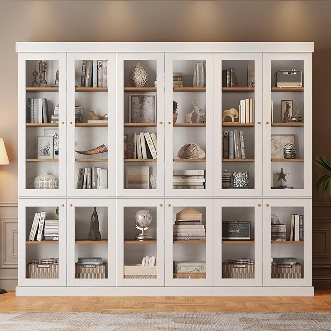 ivaniti 70.8" Tall Farmhouse Kitchen Pantry Cabinet with Glass Doors, Modular Storage Cabinet with 6-Tier Adjustable Shelves, White, Wooden Hutch for Kitchen, Living Room, Set of 3