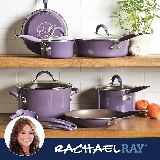 Rachael Ray Cucina Nonstick Cookware, Lavender Purple Pots and Pans Set, 12-Piece