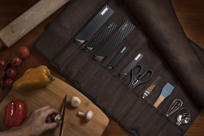 Asaya Waxed Canvas Chef Knife Roll Bag with 10 Slots and a Zipper Pocket - Professional Chef Knife Bag & Storage Case, with Shoulder Strap - Knives Not Included (Brown)