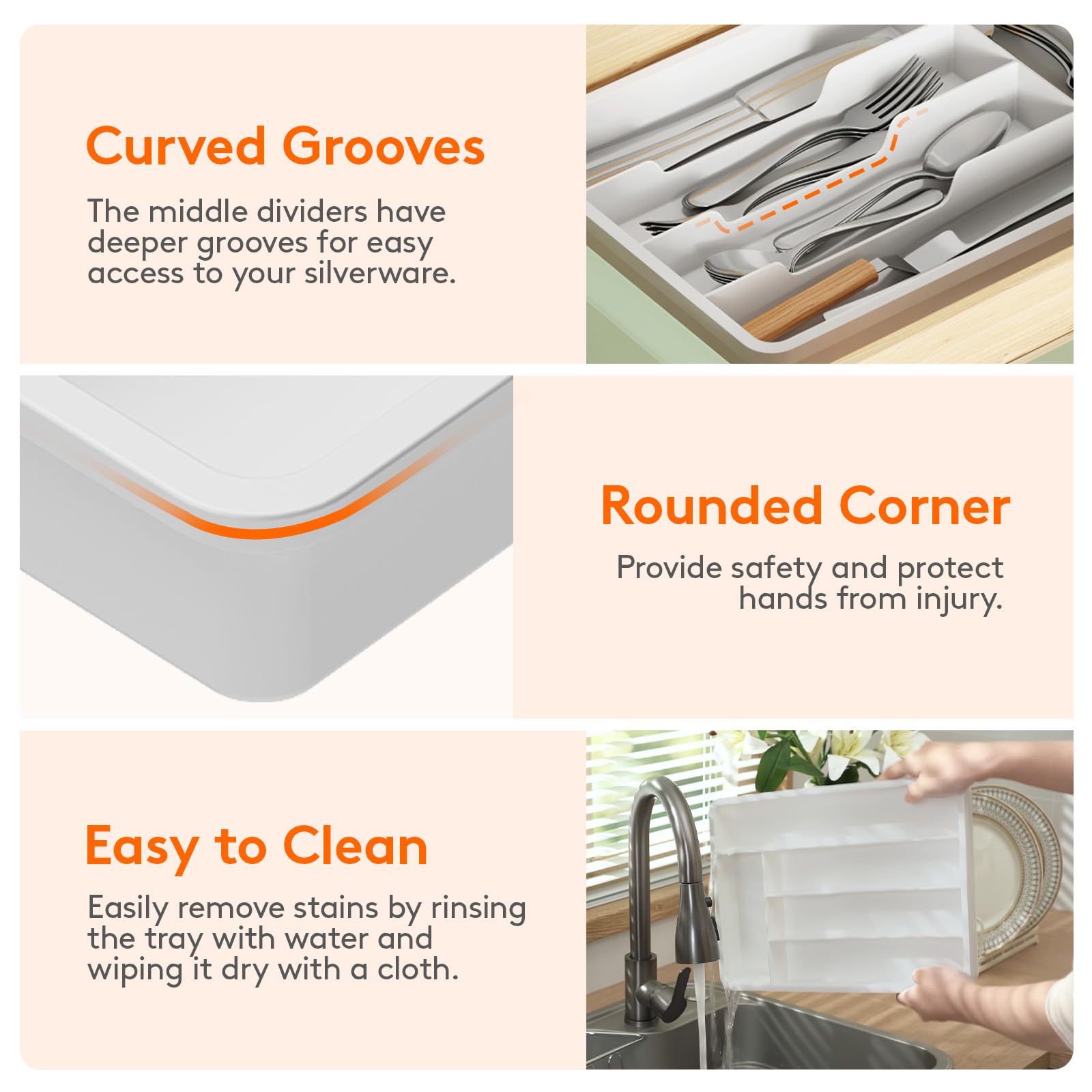 Lifewit Silverware Drawer Organizer Tray, Plastic Cutlery Storage for Kitchen, Flatware and Utensil Holder Divider for Spoons Forks Knives Tableware, 9.5 x 13.4", 5 Slots, White