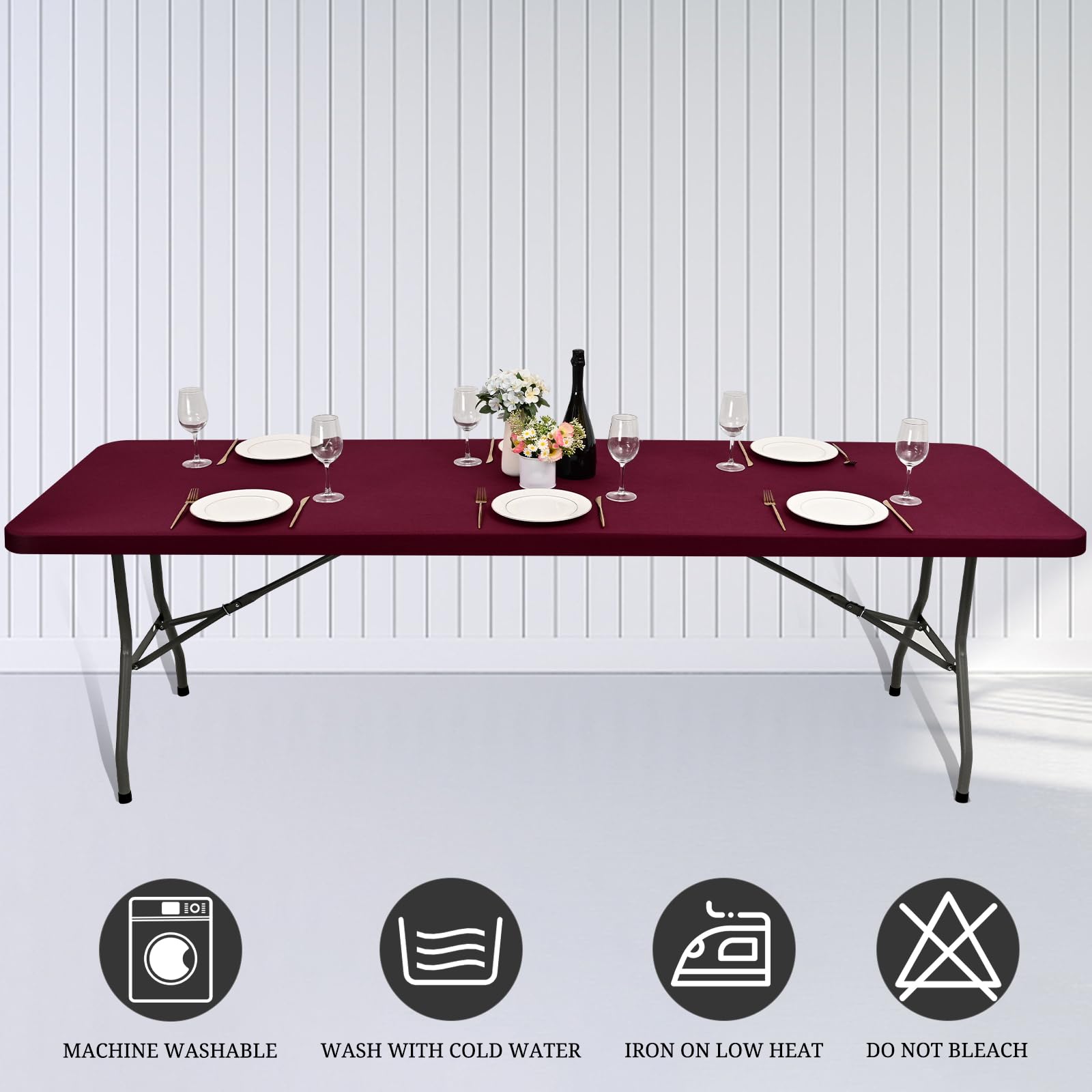 REWOMC 6 Pack Stretch Fabric Table Top Cap Cover, fits 8' Tables, Spandex Table Covers Washable Elastic Rectangle Tablecloth Protector for Indoor Outdoor Party Picnic Wedding, Wine Red, 30" W x 96" L